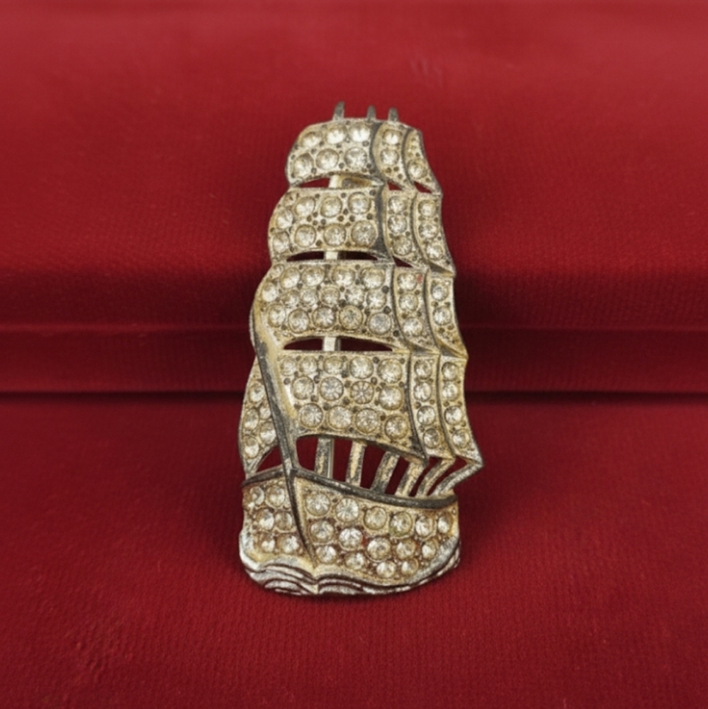 Antique Little Nemo Gold Plated Rhinestone Clipper Ship Brooch
